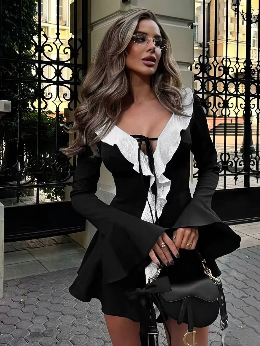 Robe Blanc Et Noir Robe Courte Chic Volants Contrastés