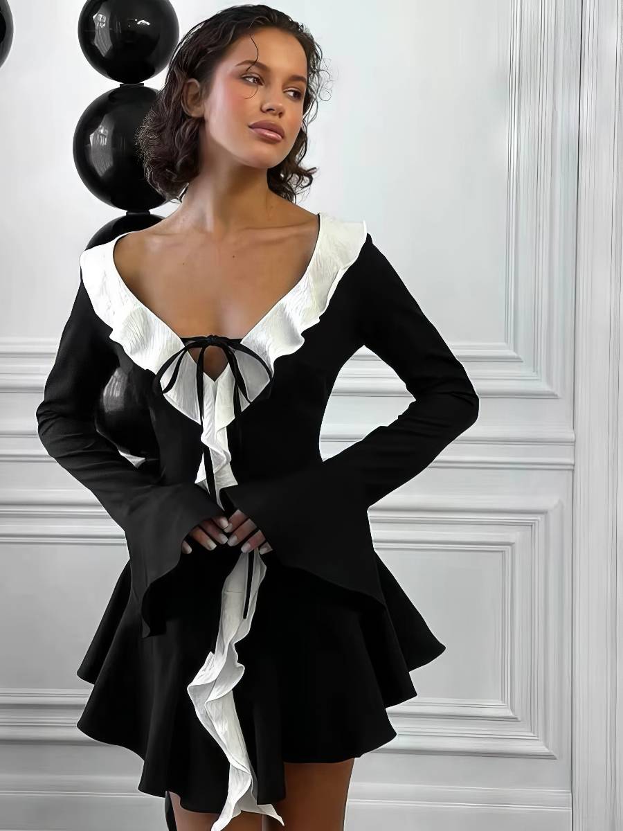 Robe Blanc Et Noir Robe Courte Chic Volants Contrastés – Image 2