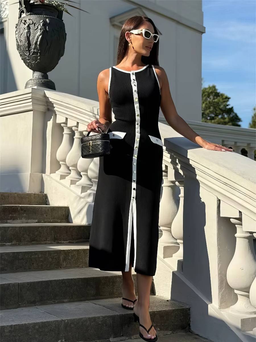 Robe Blanc Et Noir Robe Droite Chic Sans Manches