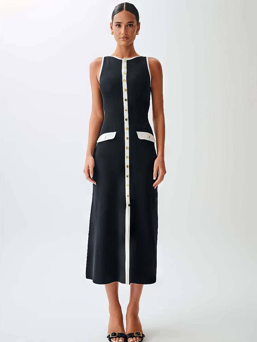 Robe Blanc Et Noir Robe Droite Chic Sans Manches – Image 2