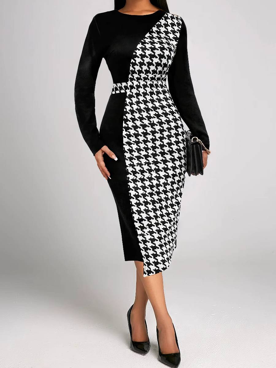 Robe Blanc Et Noir Robe Élégante Patchwork Graphique