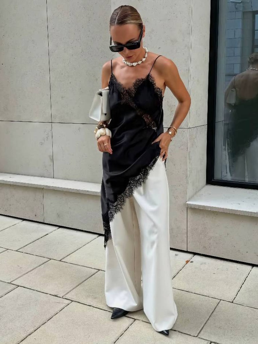 Robe Blanc Et Noir Robe Fluide À Dentelle Contrastée