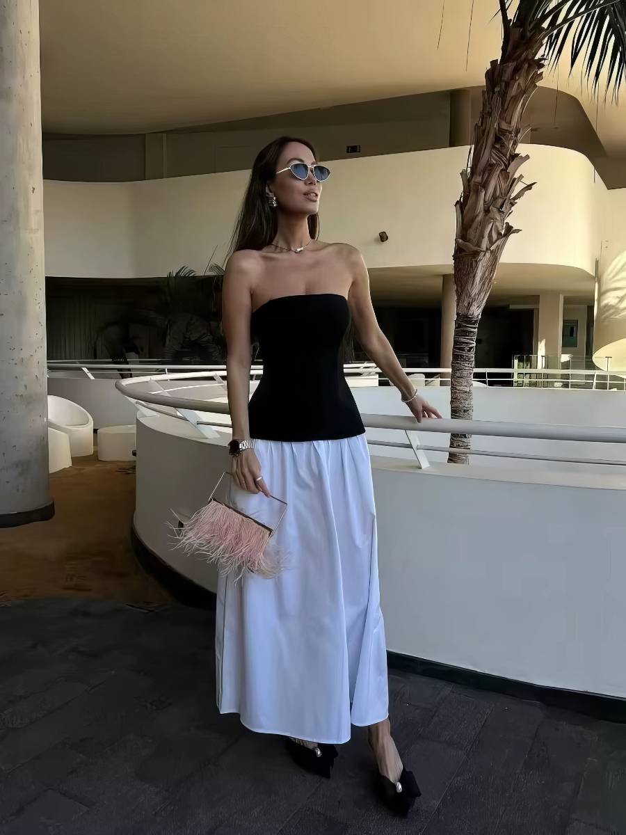 Robe Blanc Et Noir Robe Longue Élégante Sans Manches – Image 2
