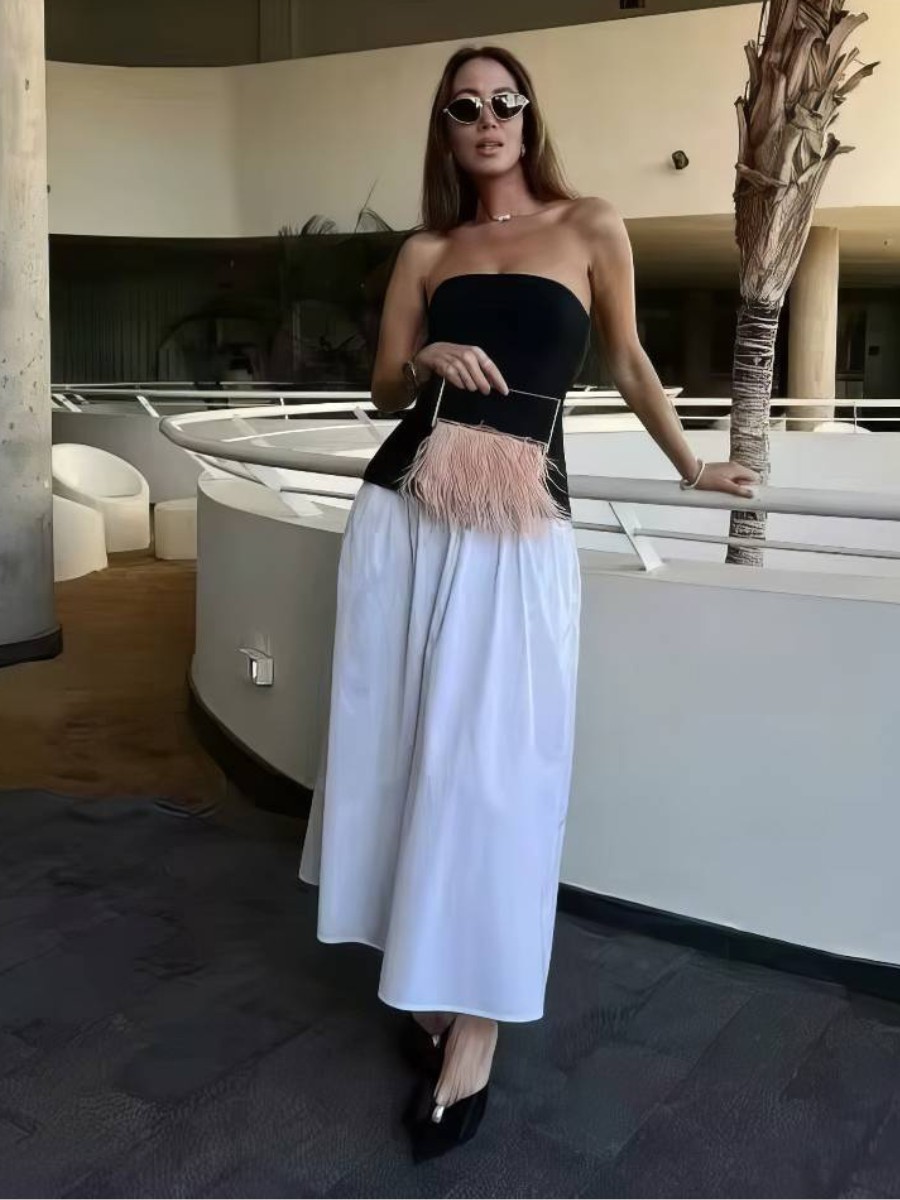 Robe Blanc Et Noir Robe Longue Élégante Sans Manches
