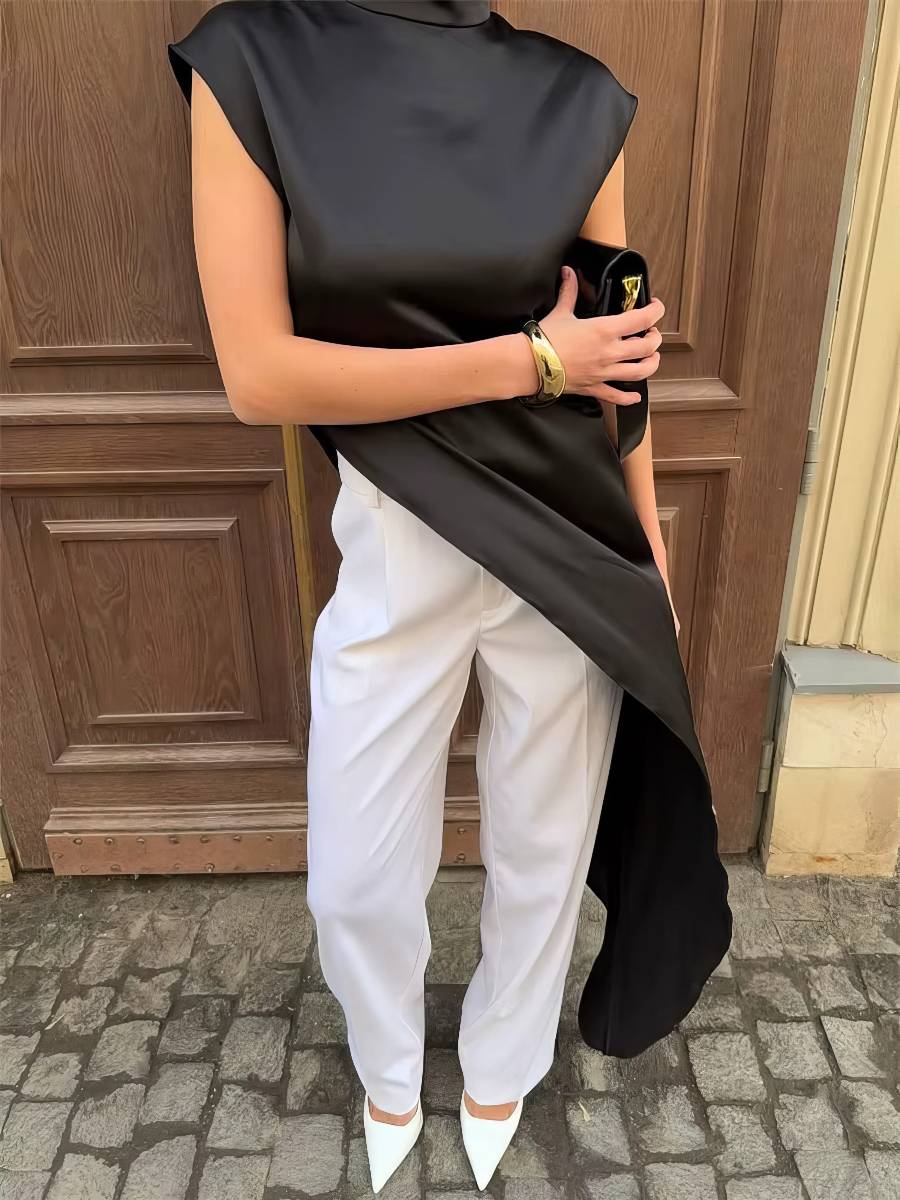 Robe Blanc Et Noir Robe Moderne Coupe Asymétrique – Image 2