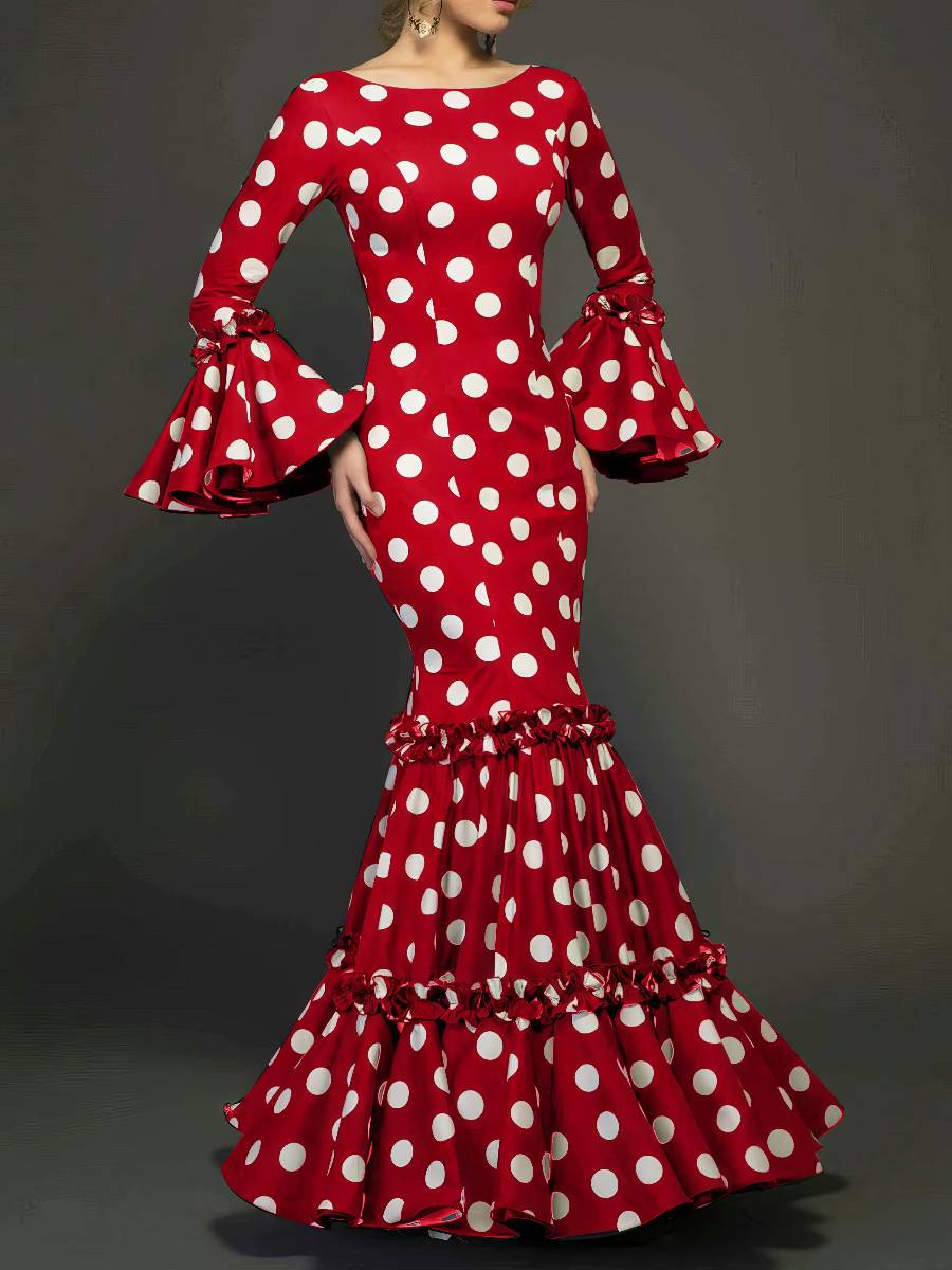 Robe Blanc Et Rouge Bicolore Longue À Pois Coupe Sirène