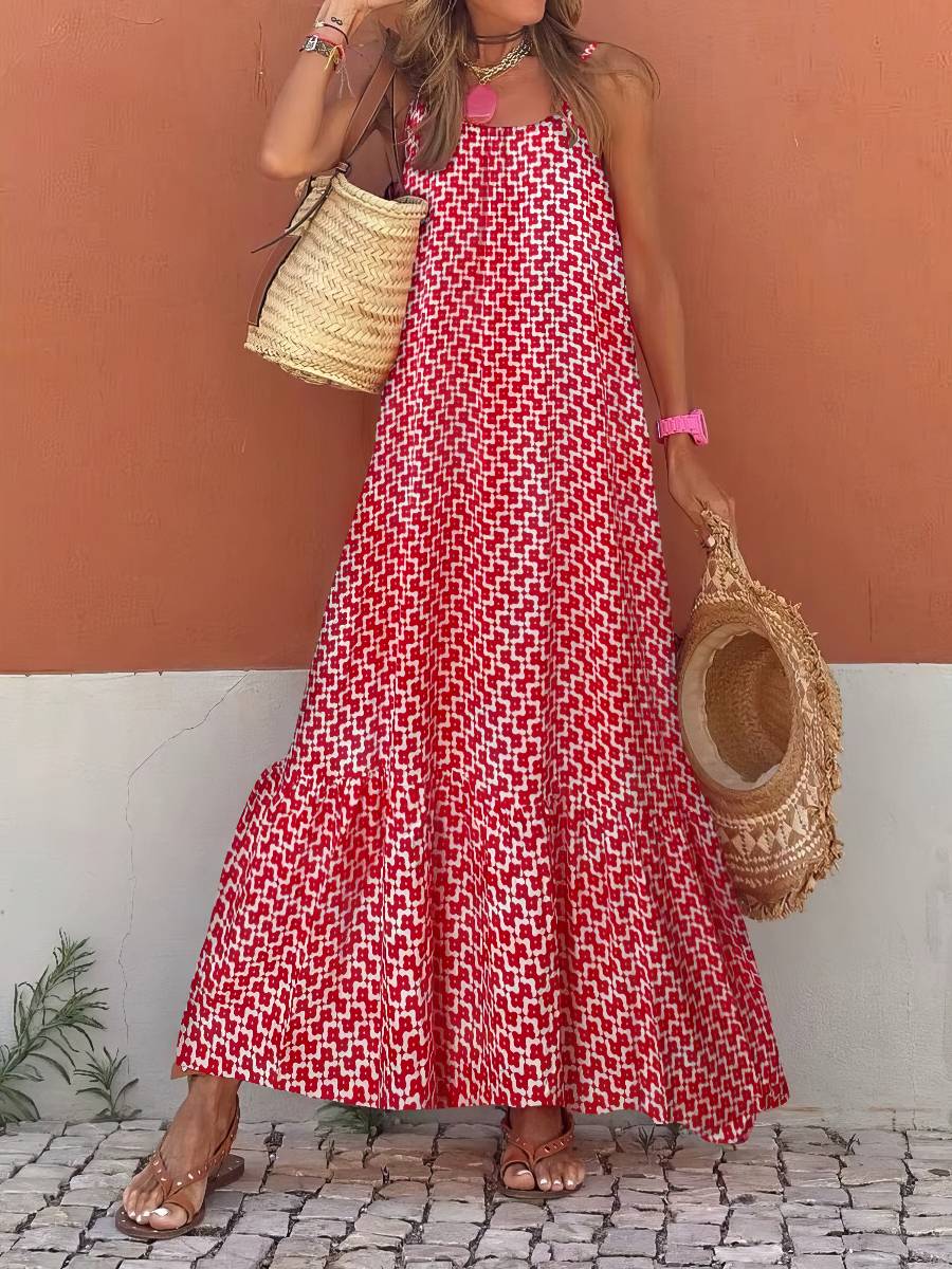 Robe Blanc Rouge Longue Coupe Ample Femme