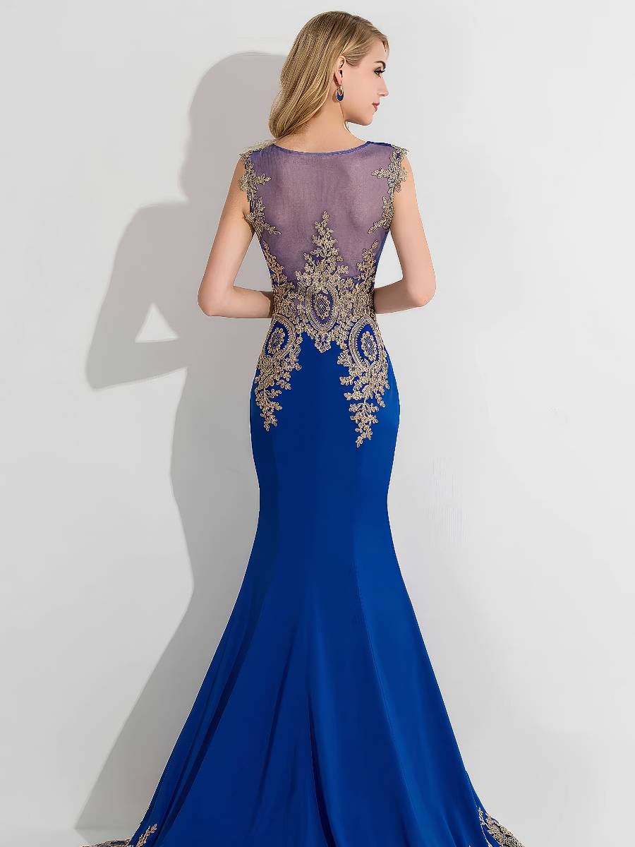 Robe Bleu Doré Coupe Sirène Cérémonie – Image 3