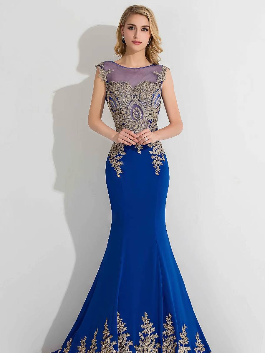 Robe Bleu Doré Coupe Sirène Cérémonie