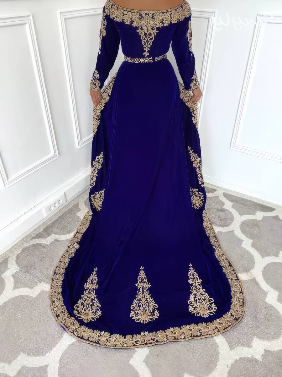 Robe Bleu Et Doré Longue Brodée Style Caftan – Image 2
