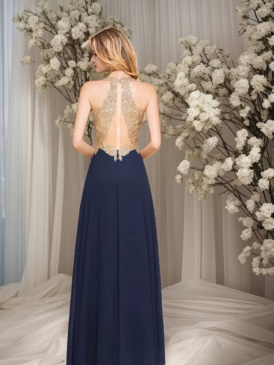 Robe Bleu Et Doré Longue Décolleté Brodé Élégante – Image 4