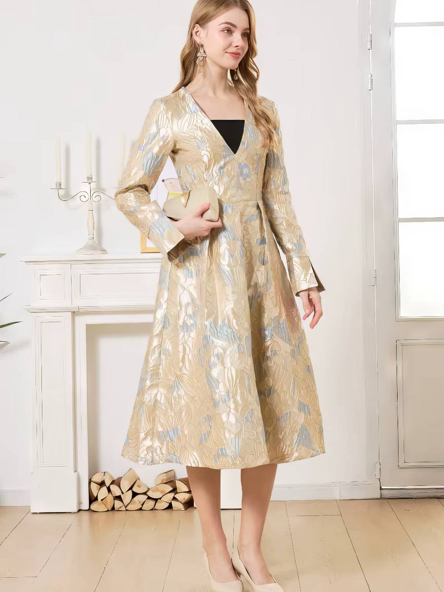 Robe Bleu Et Or Style Rétro Manches Longues Femme – Image 2