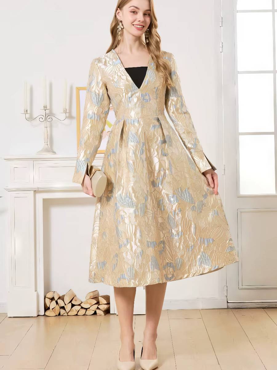 Robe Bleu Et Or Style Rétro Manches Longues Femme – Image 3