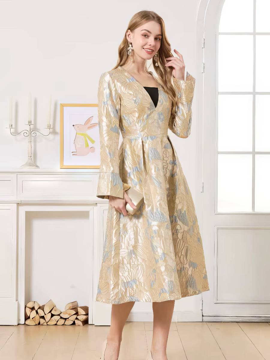 Robe Bleu Et Or Style Rétro Manches Longues Femme