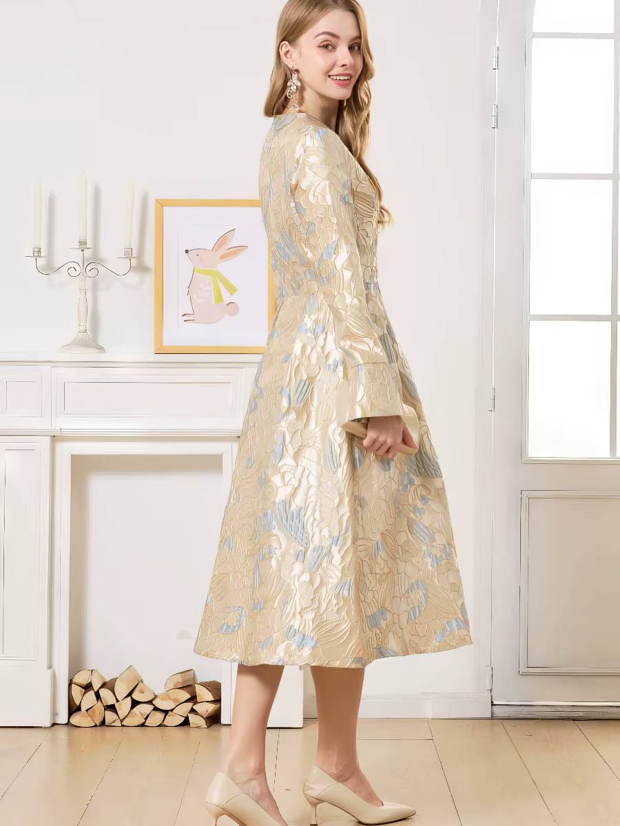 Robe Bleu Et Or Style Rétro Manches Longues Femme – Image 6
