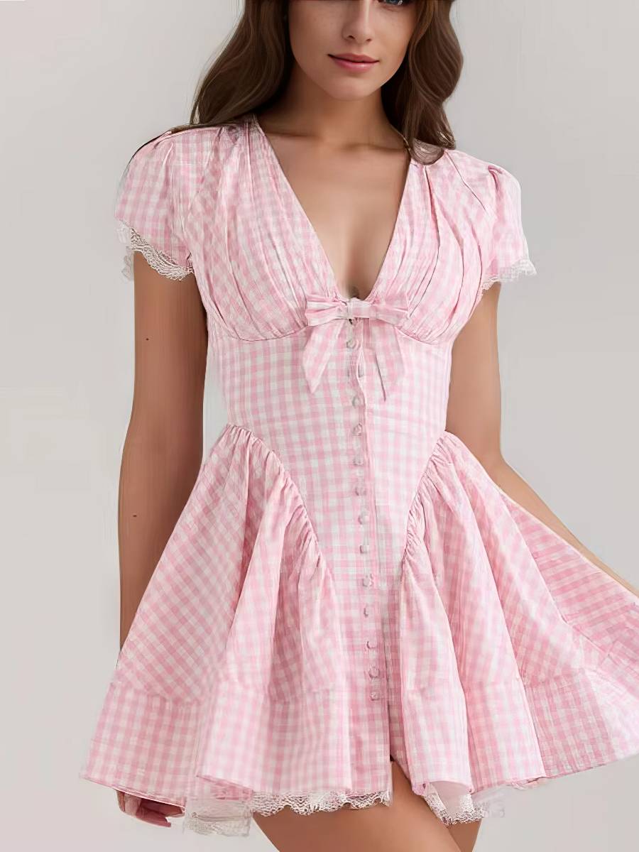 Robe Courte Rose Et Blanc À Motif Vichy Style Romantique