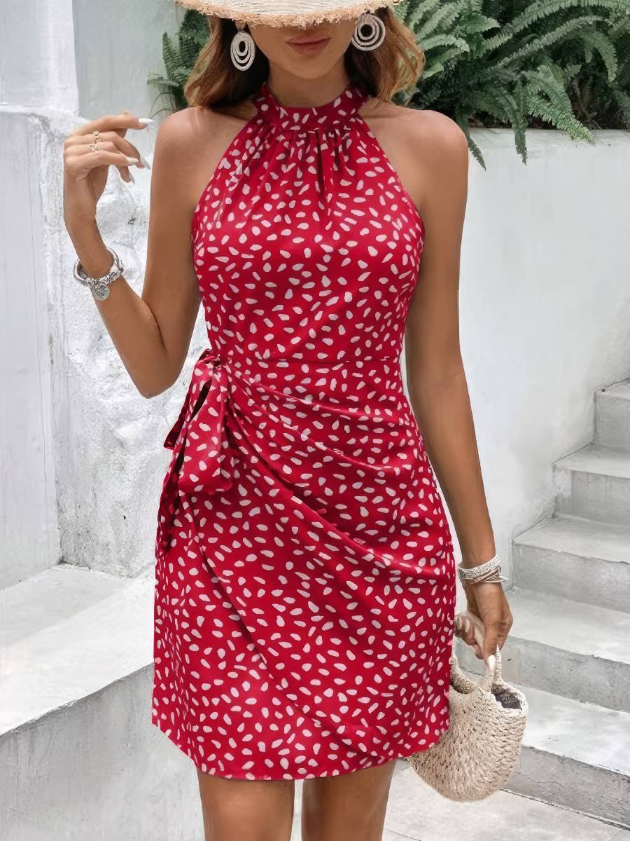 Robe Courte Rouge Et Blanche À Pois Col Noué Femme
