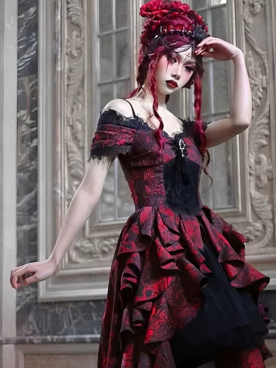 Robe Gothique Noir Et Rouge Style Romantique Sombre – Image 2