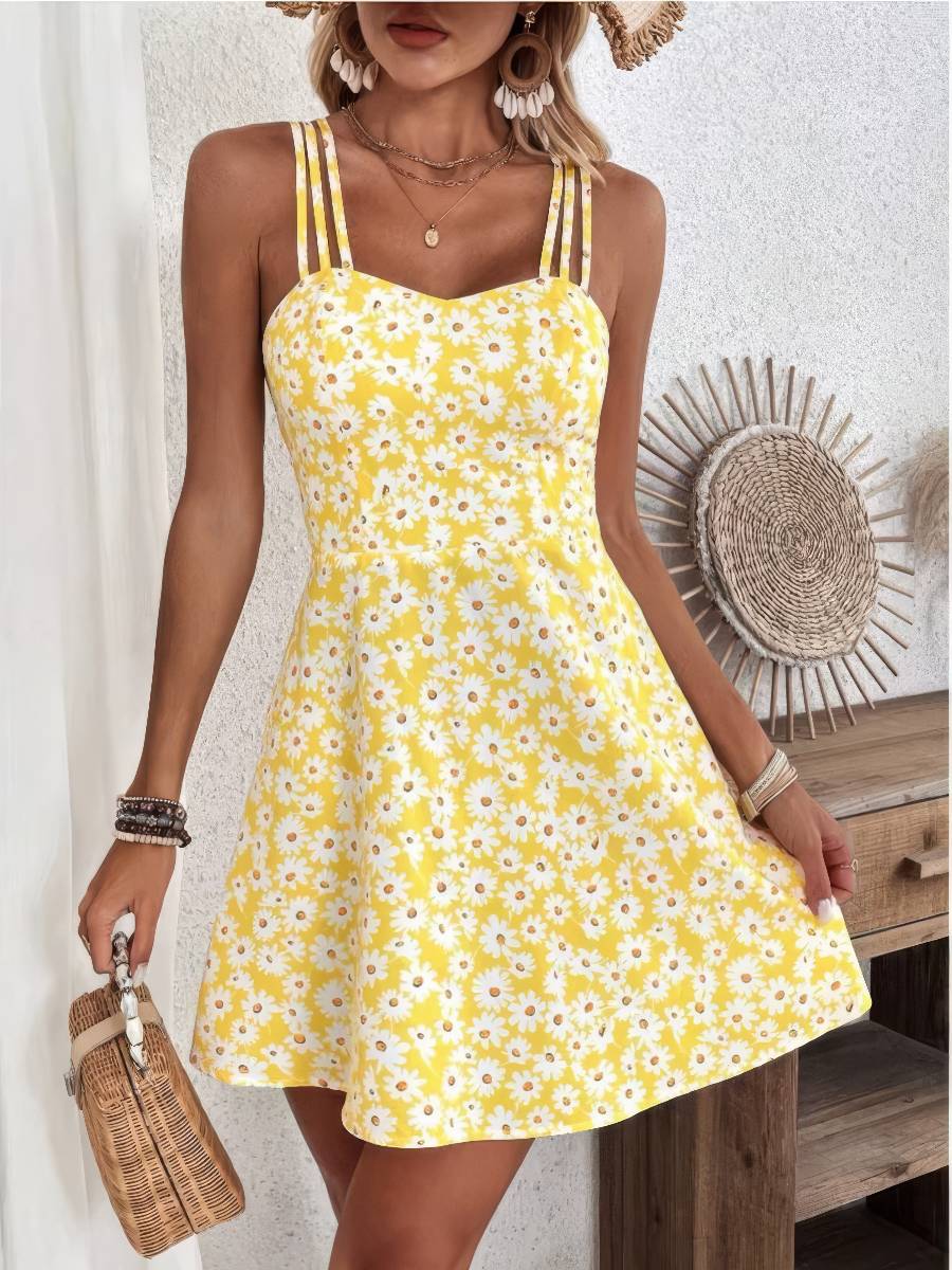 Robe Jaune Et Blanc Courte Fleurie À Bretelles Fines