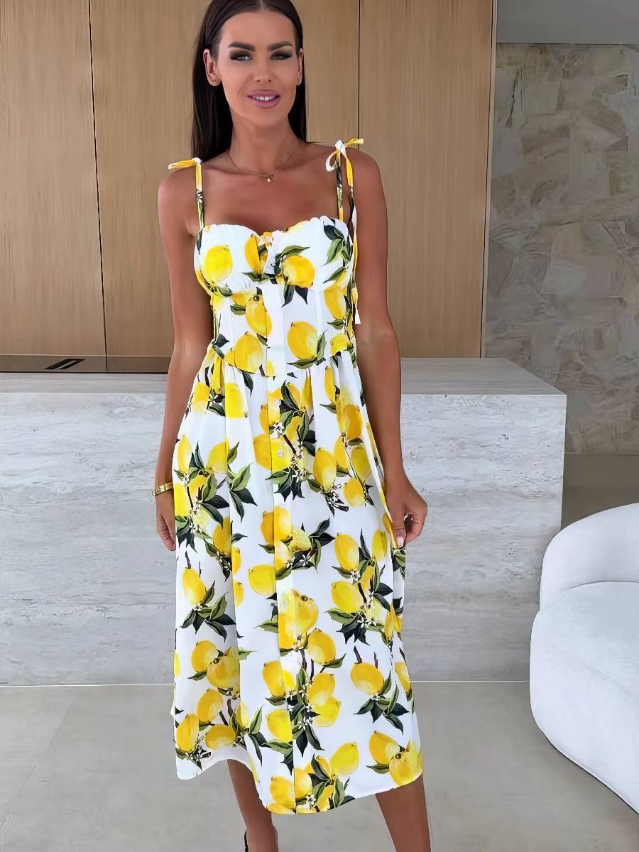 Robe Jaune Et Blanc Longue Imprimée Citron Estivale