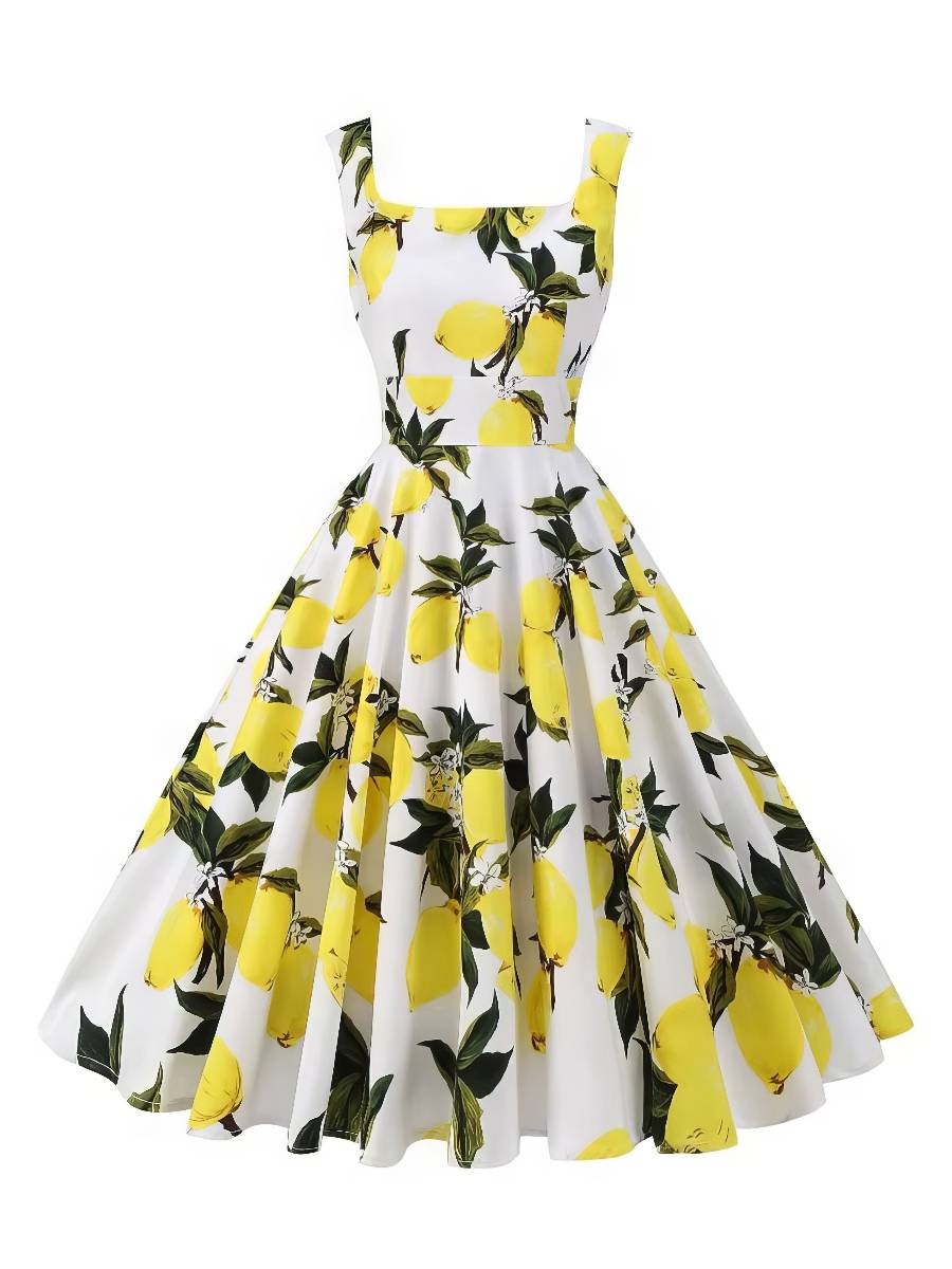 Robe Jaune Et Blanc Midi Imprimée Citron Style Rétro