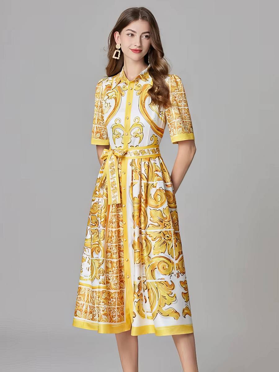 Robe Jaune Et Blanc Midi Style Chemise Imprimée Baroque