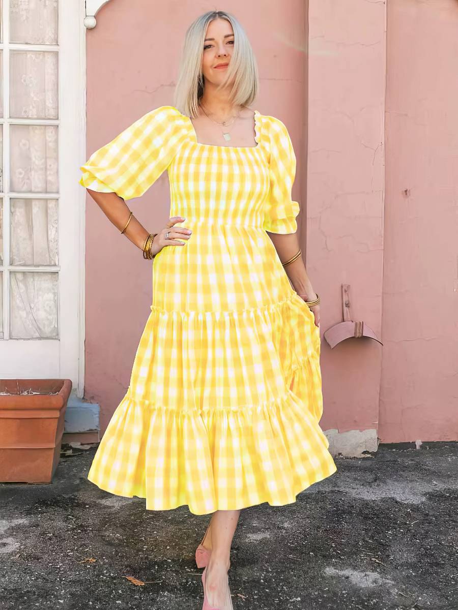 Robe Jaune Et Blanc Vichy Midi Manches Courtes