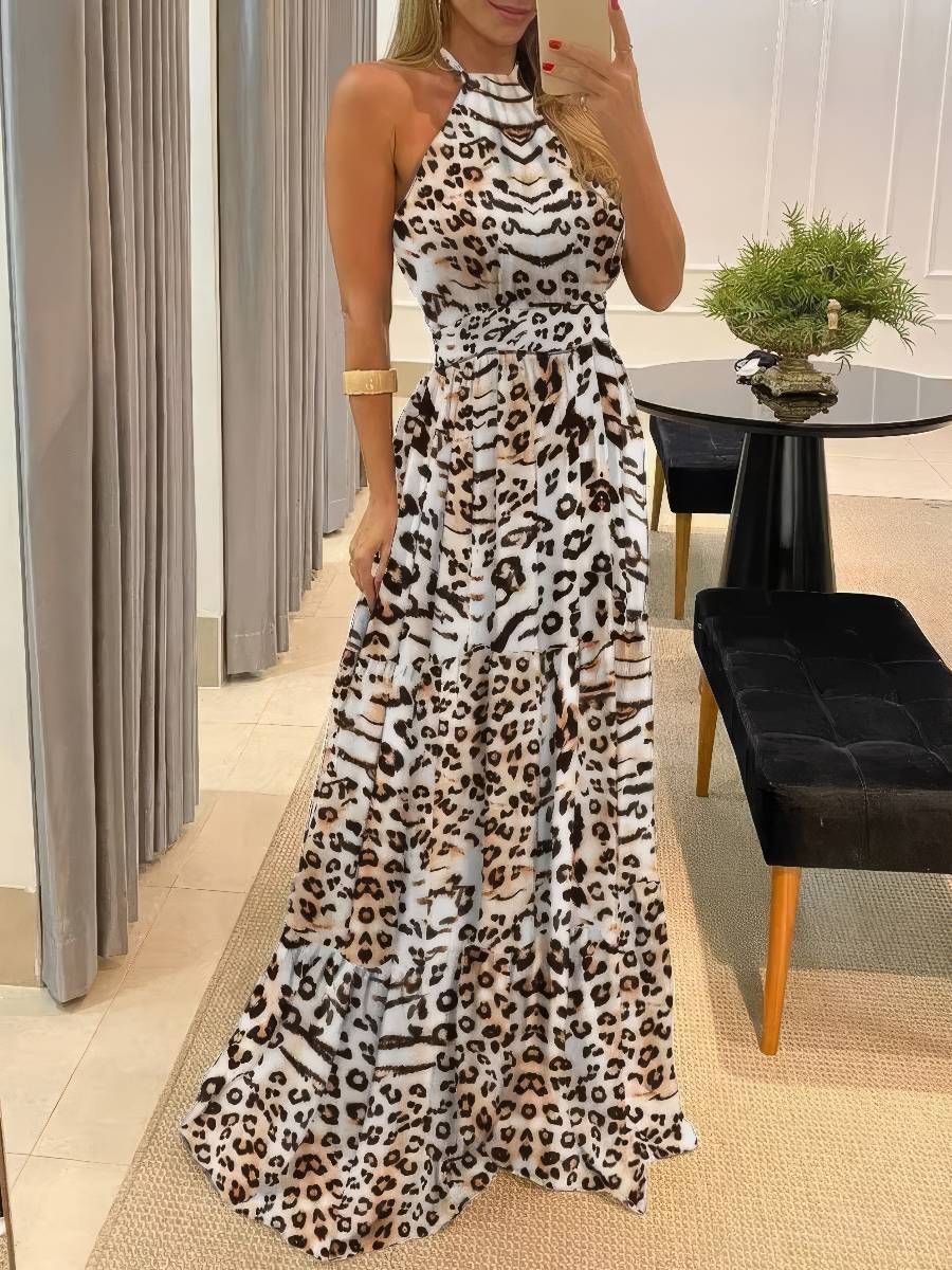 Robe Longue Beige Et Marron Imprimé Léopard Col Halter
