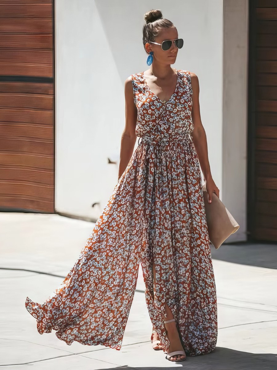 Robe Longue Bohème Fleurie Terracotta Col V Fluide