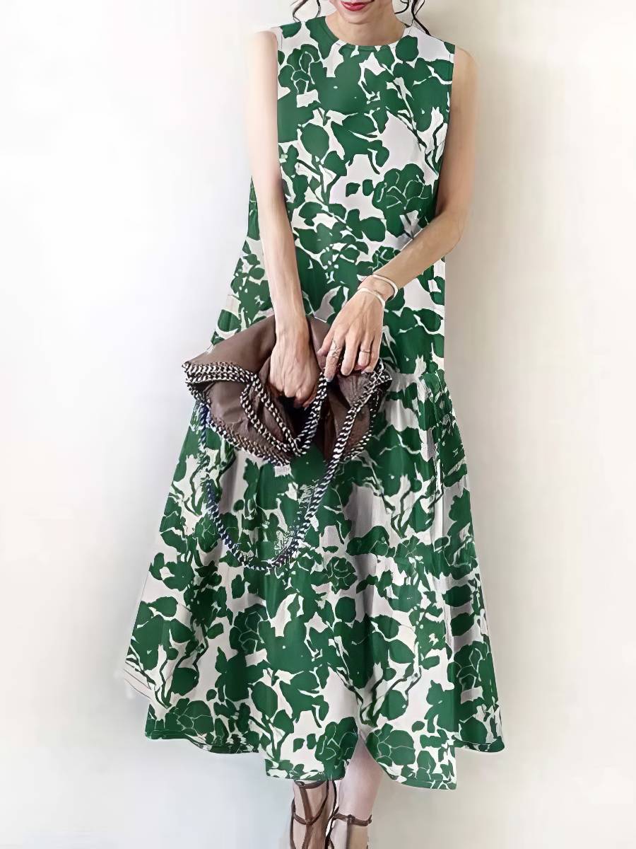 Robe Longue Vert Et Blanc Sans Manches Imprimé Feuillage Coupe Fluide Estivale