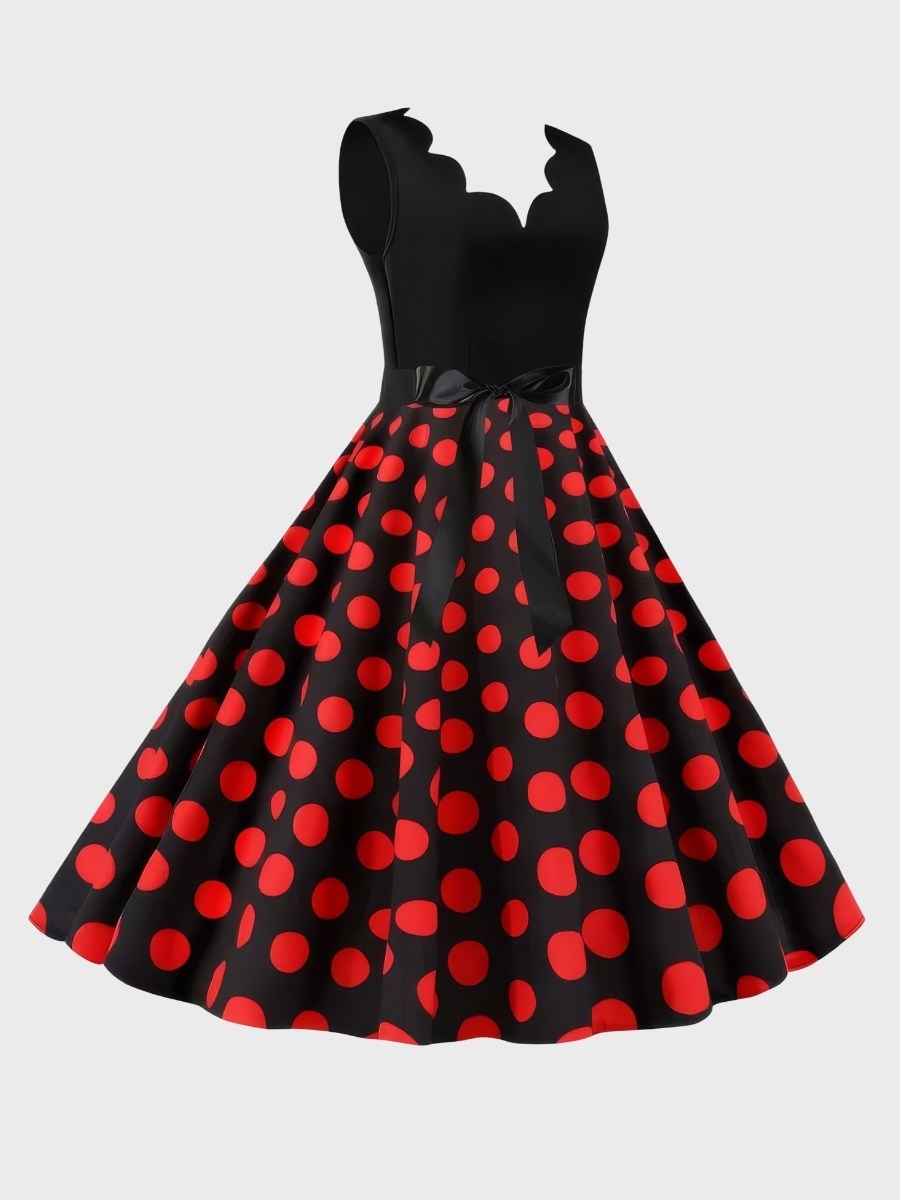 Robe Noir À Pois Rouges Style Pin-Up Années 50