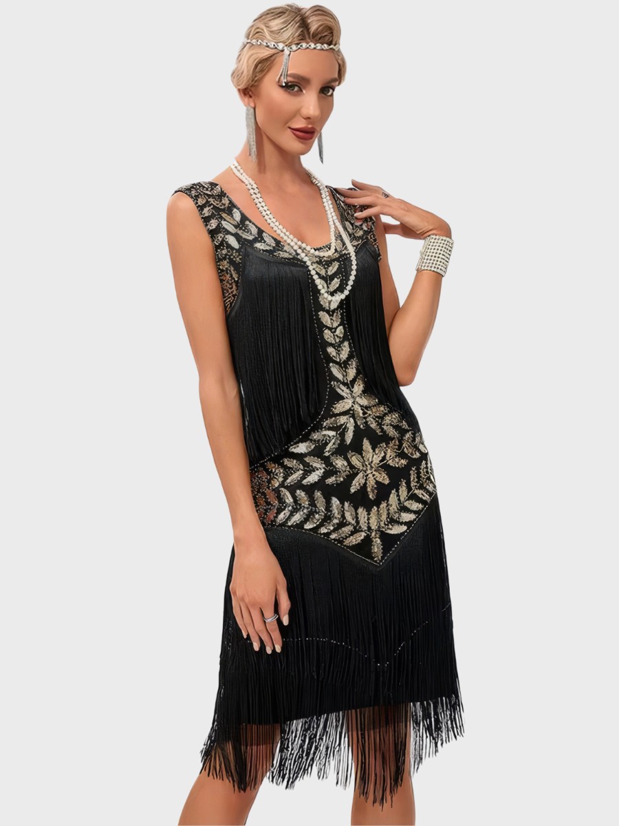 Robe Noir Et Doré À Paillettes Style Années 20 Motifs Floraux