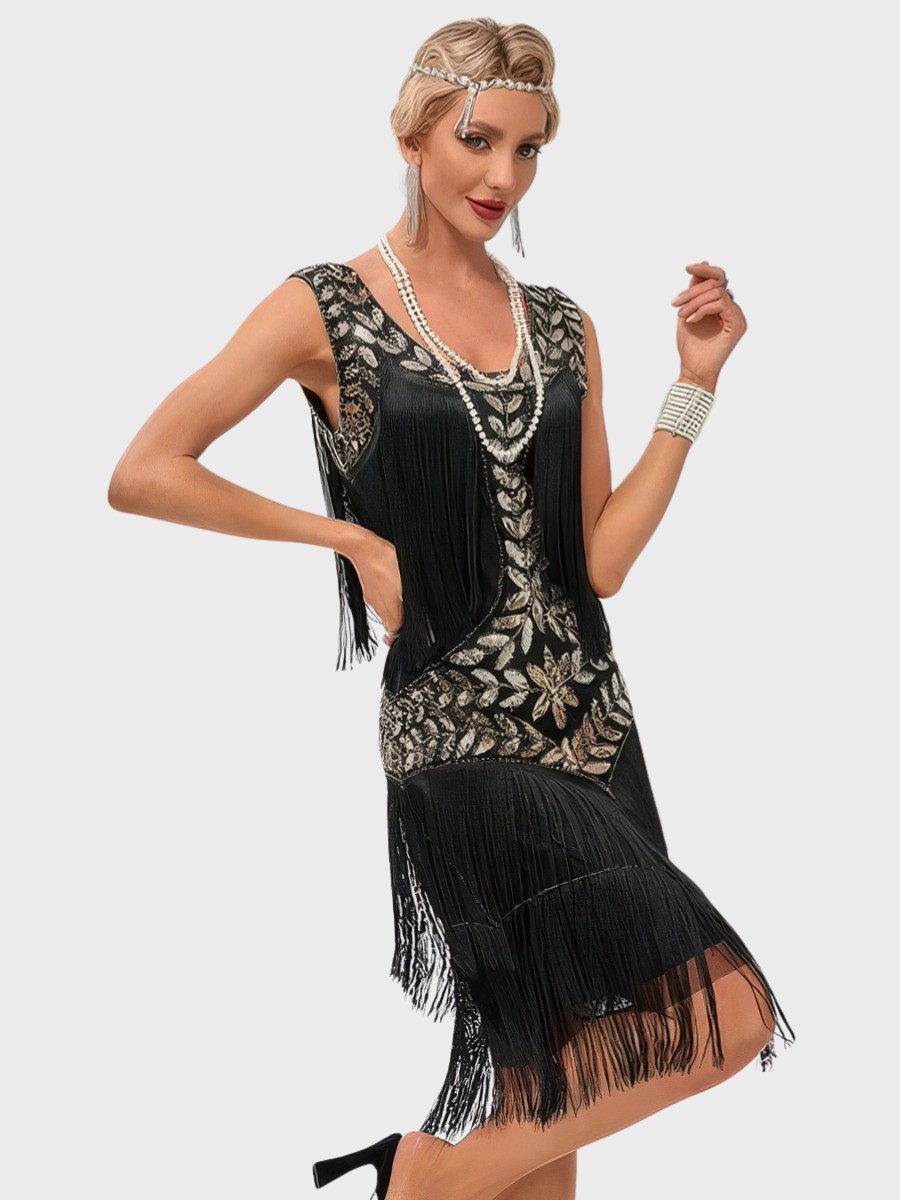 Robe Noir Et Doré À Paillettes Style Années 20 Motifs Floraux – Image 3