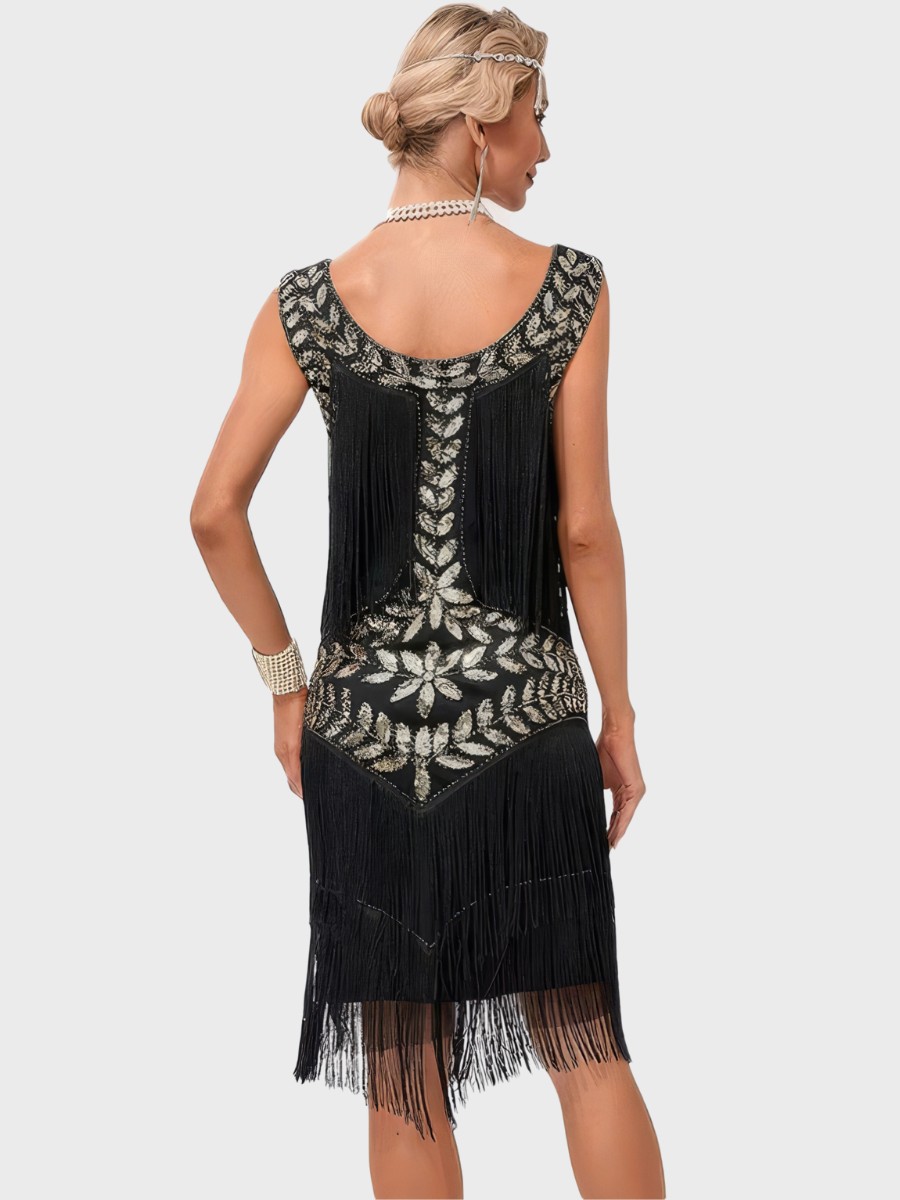 Robe Noir Et Doré À Paillettes Style Années 20 Motifs Floraux – Image 2