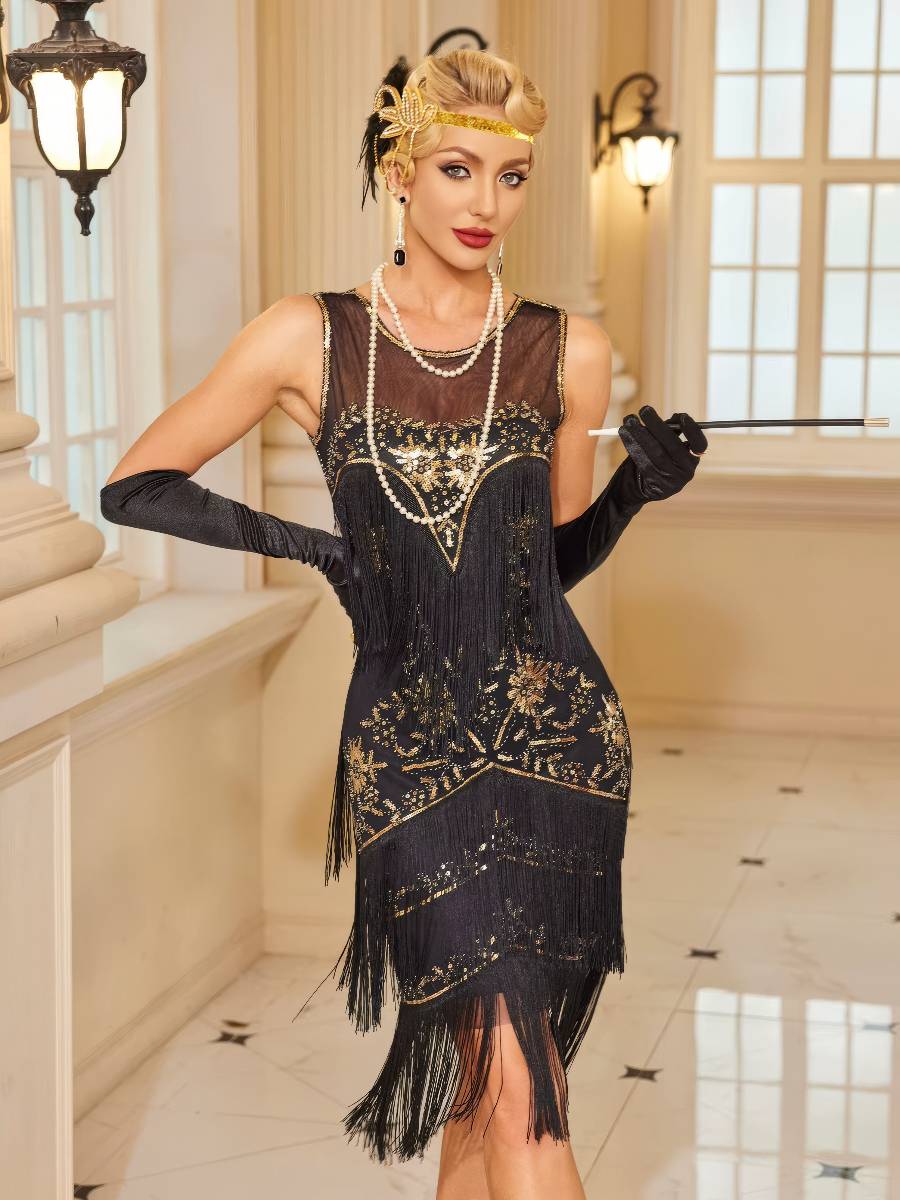 Robe Noir Et Doré Gatsby À Franges Style Années 20 – Image 2