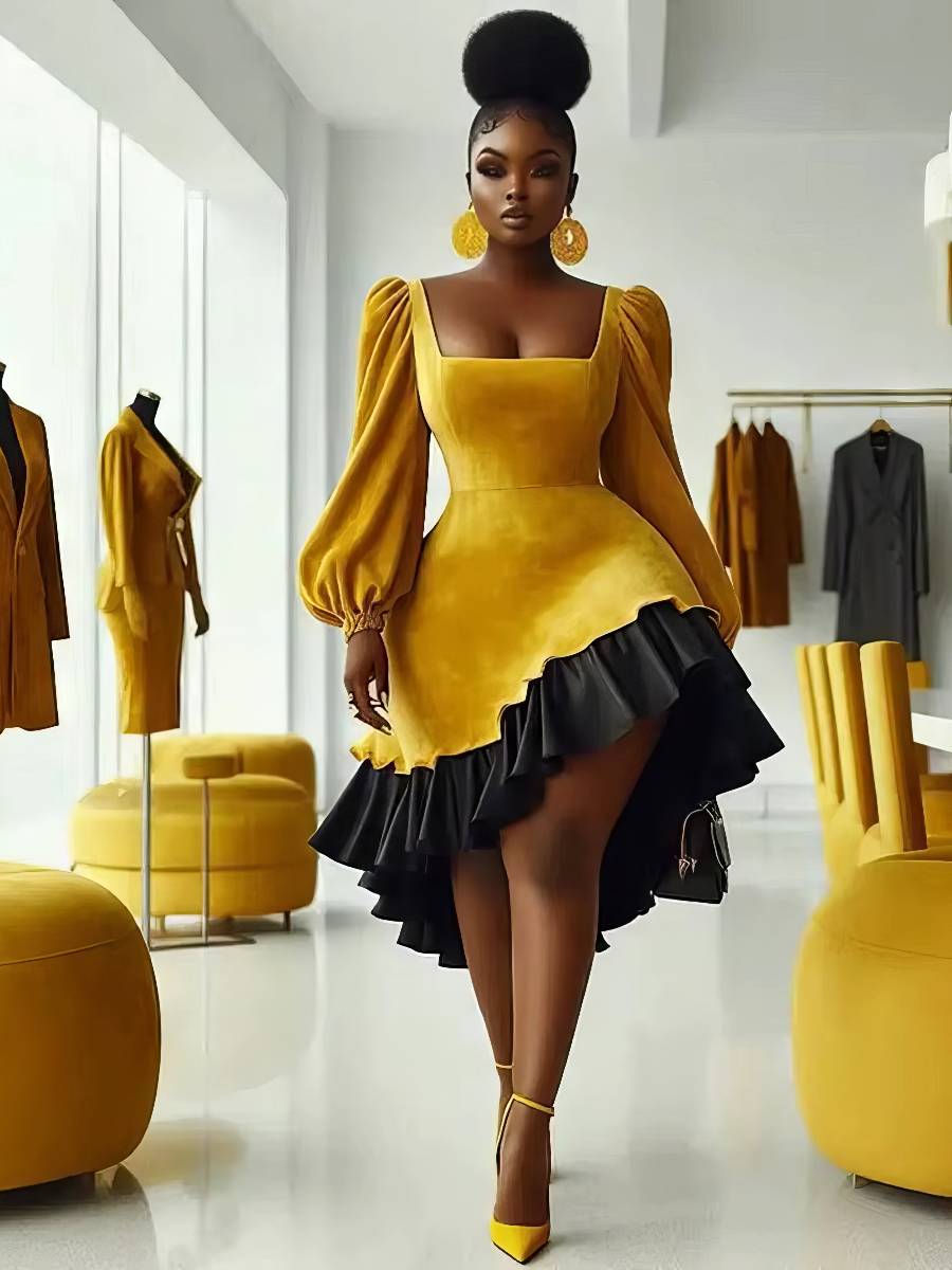 Robe Noir Et Dorée À Manches Bouffantes Et Volants