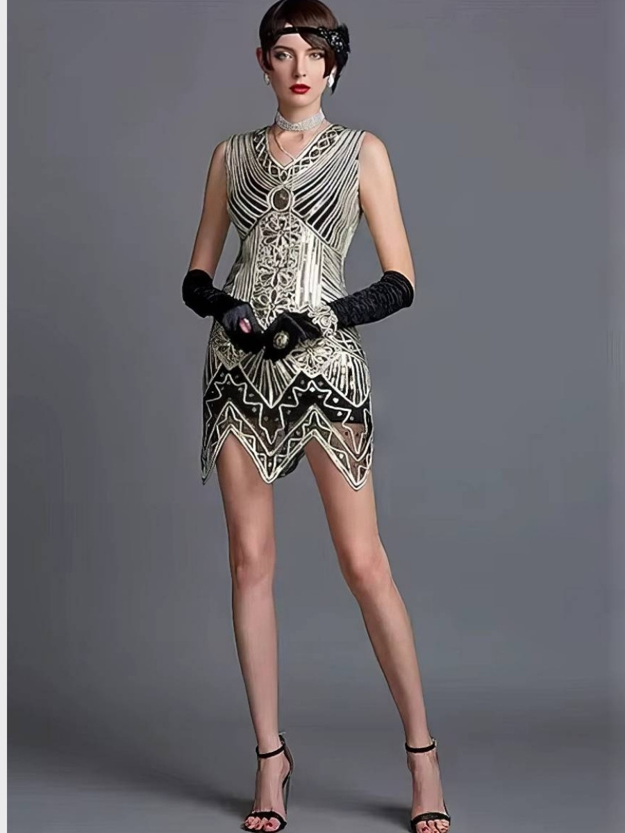 Robe Noir Et Or Style Années 20 À Motifs Graphiques – Image 2