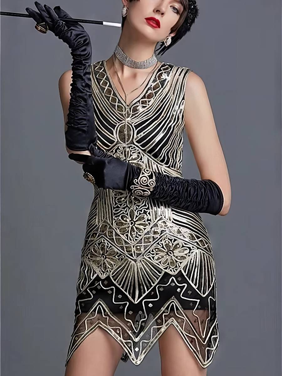 Robe Noir Et Or Style Années 20 À Motifs Graphiques – Image 3