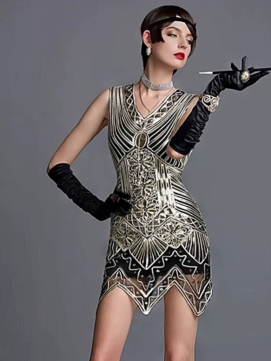 Robe Noir Et Or Style Années 20 À Motifs Graphiques