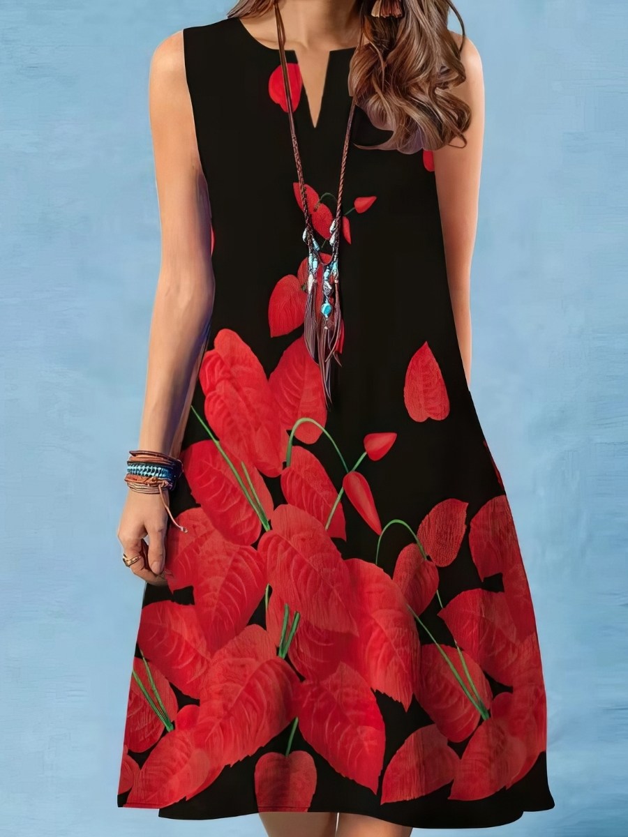 Robe Noir Et Rouge À Grandes Fleurs Rouges Contrastées