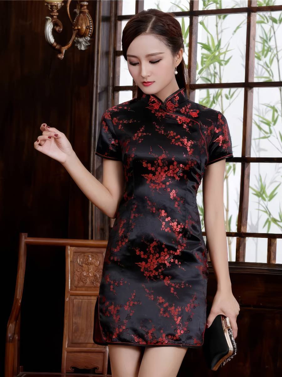 Robe Noir Et Rouge Cheongsam À Fleurs