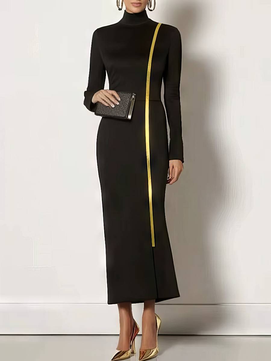 Robe Noire Droite Élégante À Liseré Or