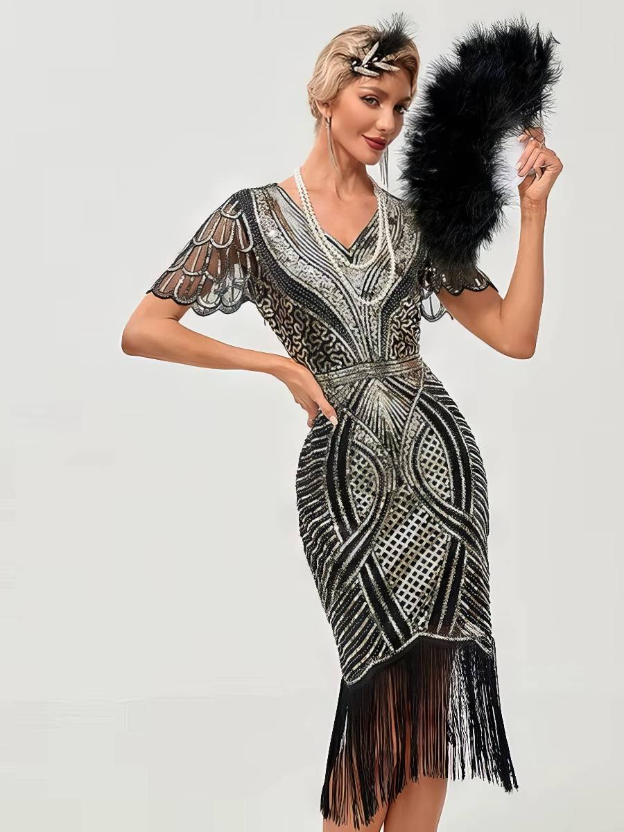 Robe Noire Et Dorée À Paillettes Années 20 Motifs Art Déco Géométriques – Image 3