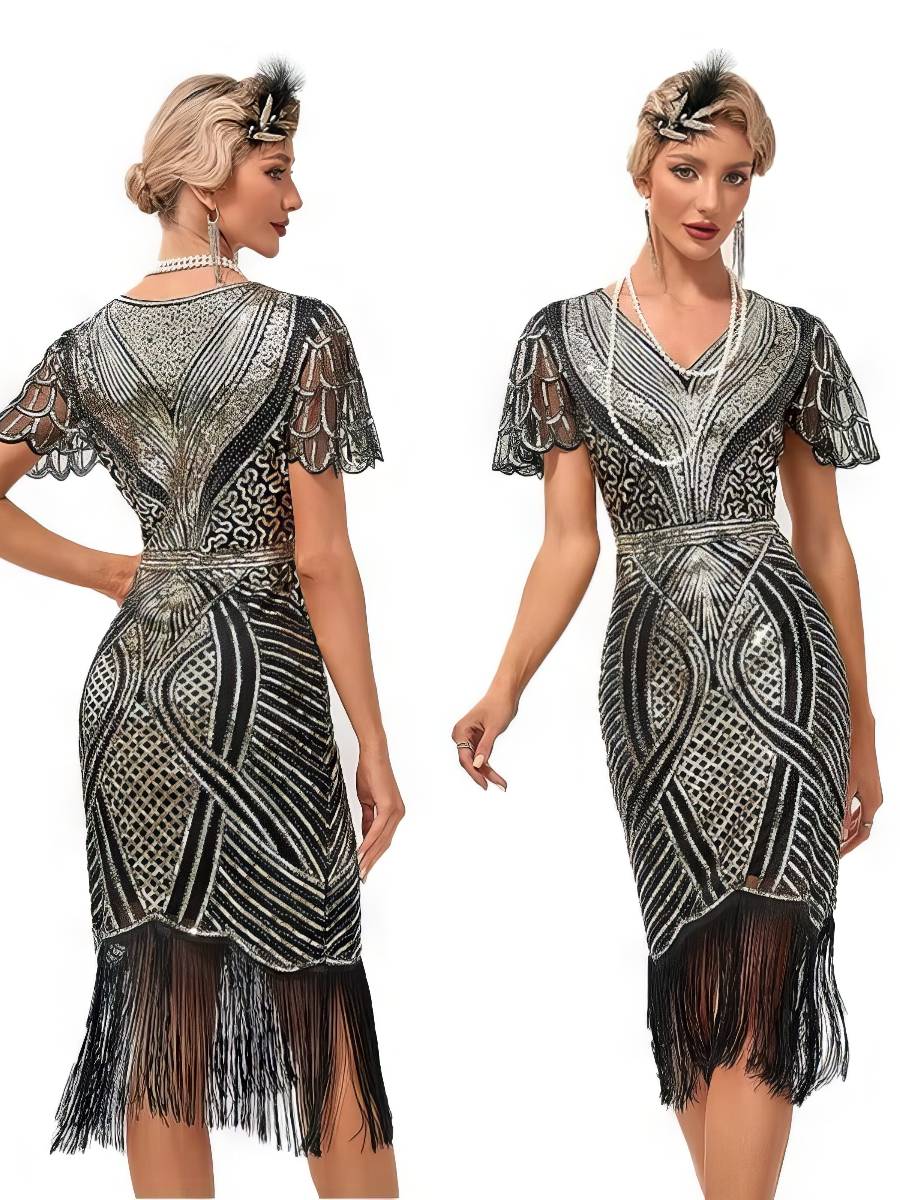 Robe Noire Et Dorée À Paillettes Années 20 Motifs Art Déco Géométriques – Image 2