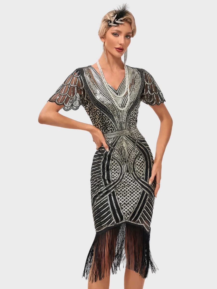 Robe Noire Et Dorée À Paillettes Années 20 Motifs Art Déco Géométriques