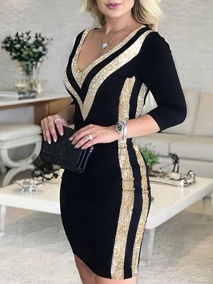 Robe Noire Et Dorée À Paillettes Coupe Moulante Soirée