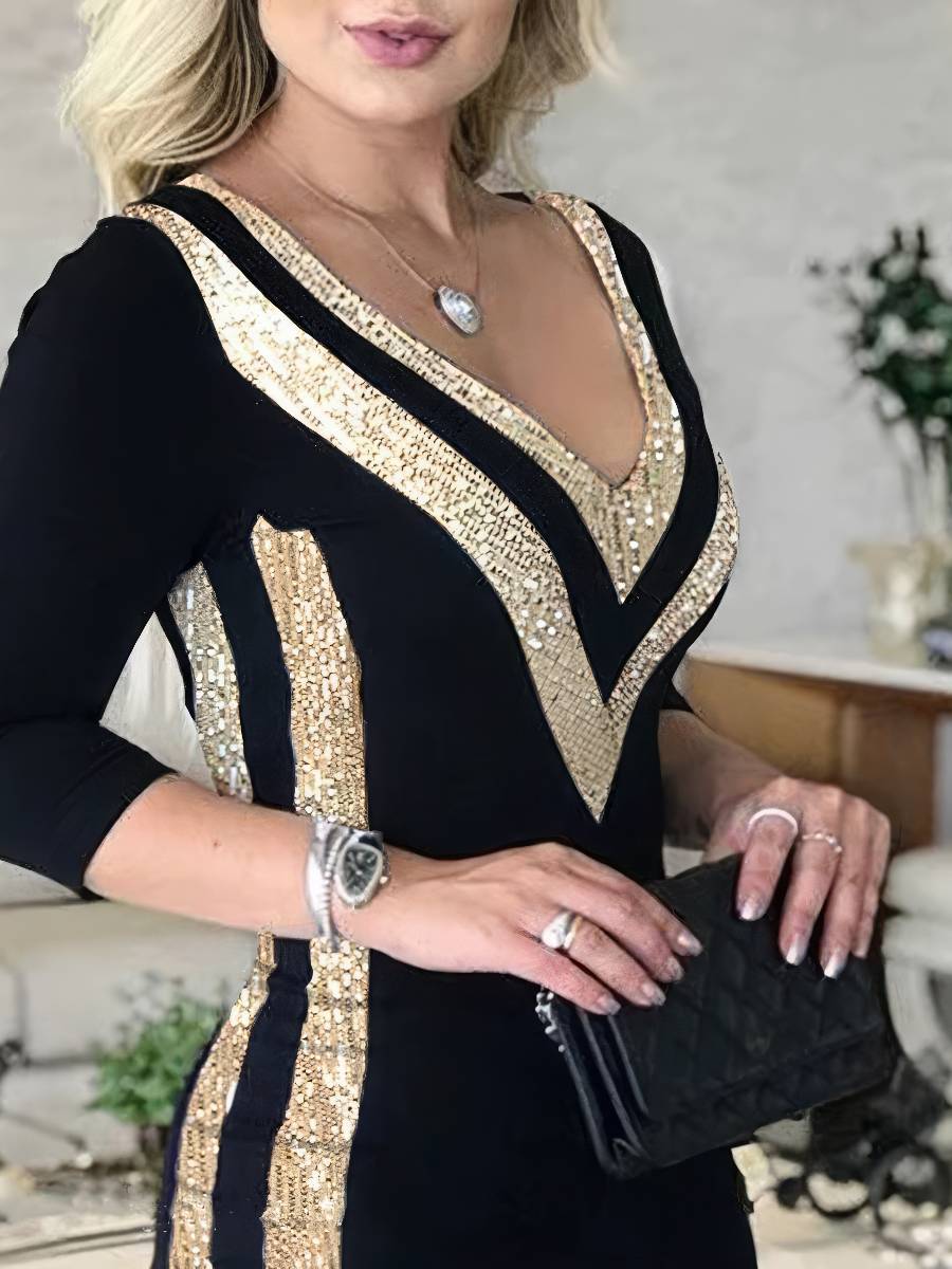 Robe Noire Et Dorée À Paillettes Coupe Moulante Soirée – Image 2