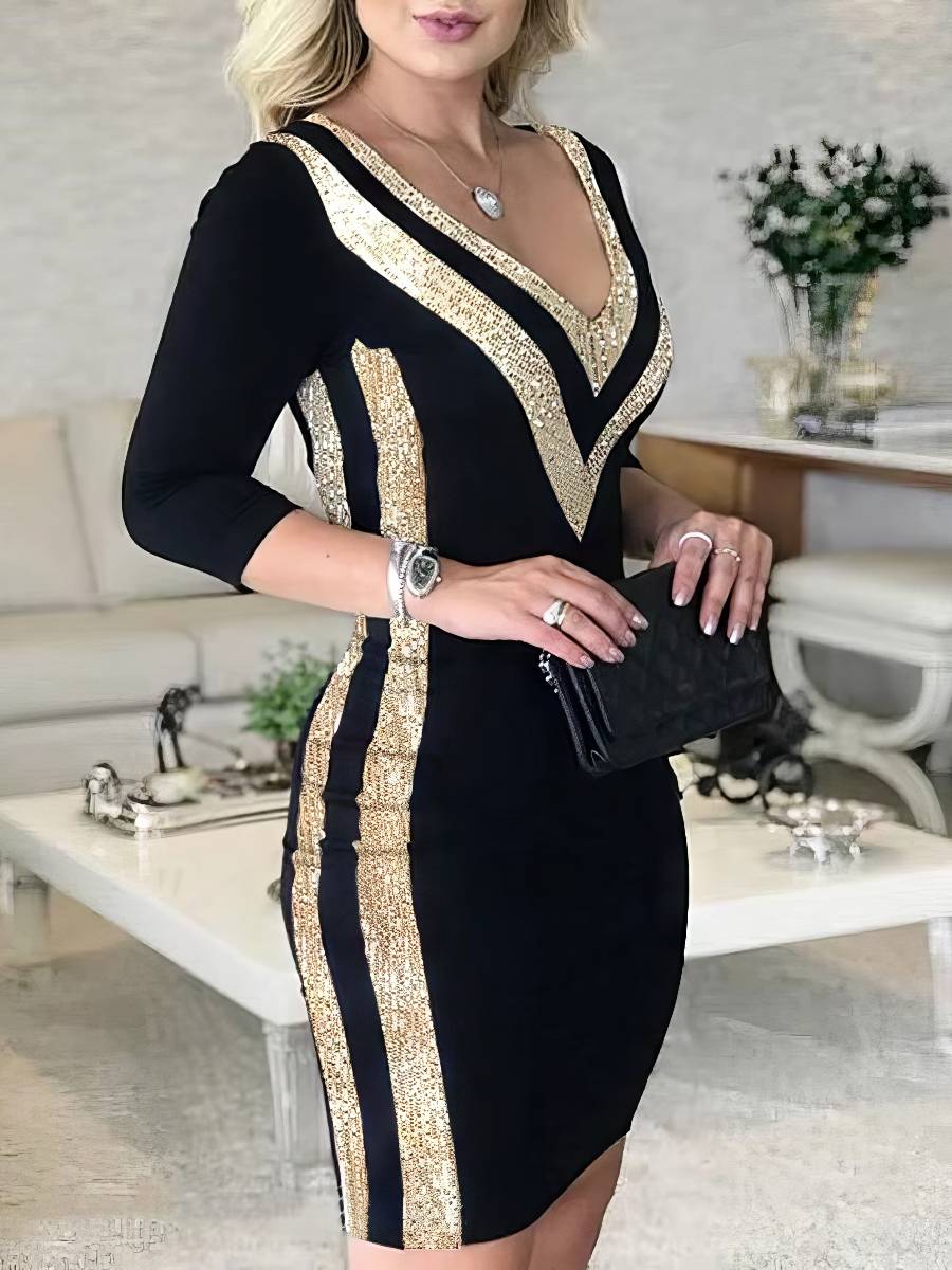 Robe Noire Et Dorée À Paillettes Coupe Moulante Soirée – Image 3