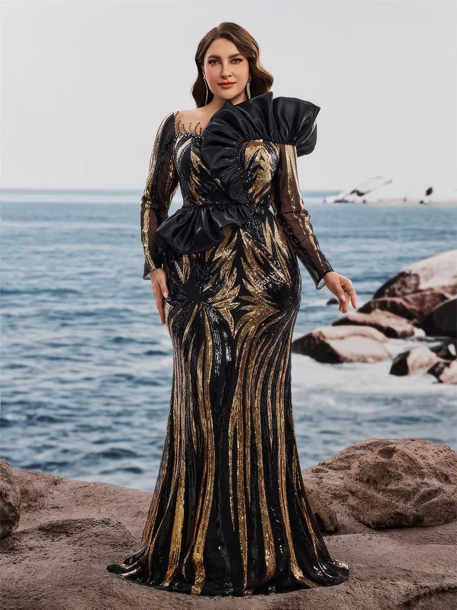 Robe Noire Et Dorée Grande Taille Longue À Paillettes Coupe Sirène Motifs Feuillages – Image 4
