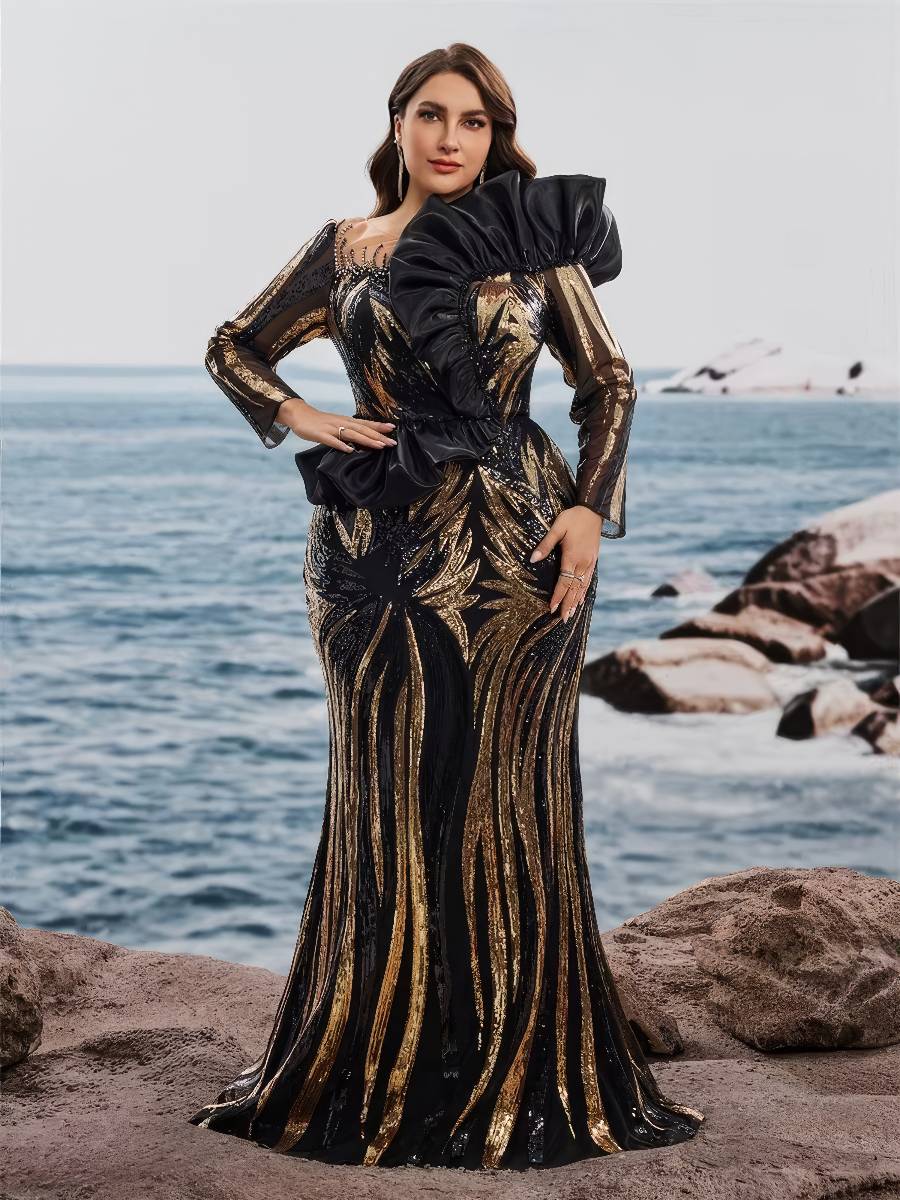 Robe Noire Et Dorée Grande Taille Longue À Paillettes Coupe Sirène Motifs Feuillages